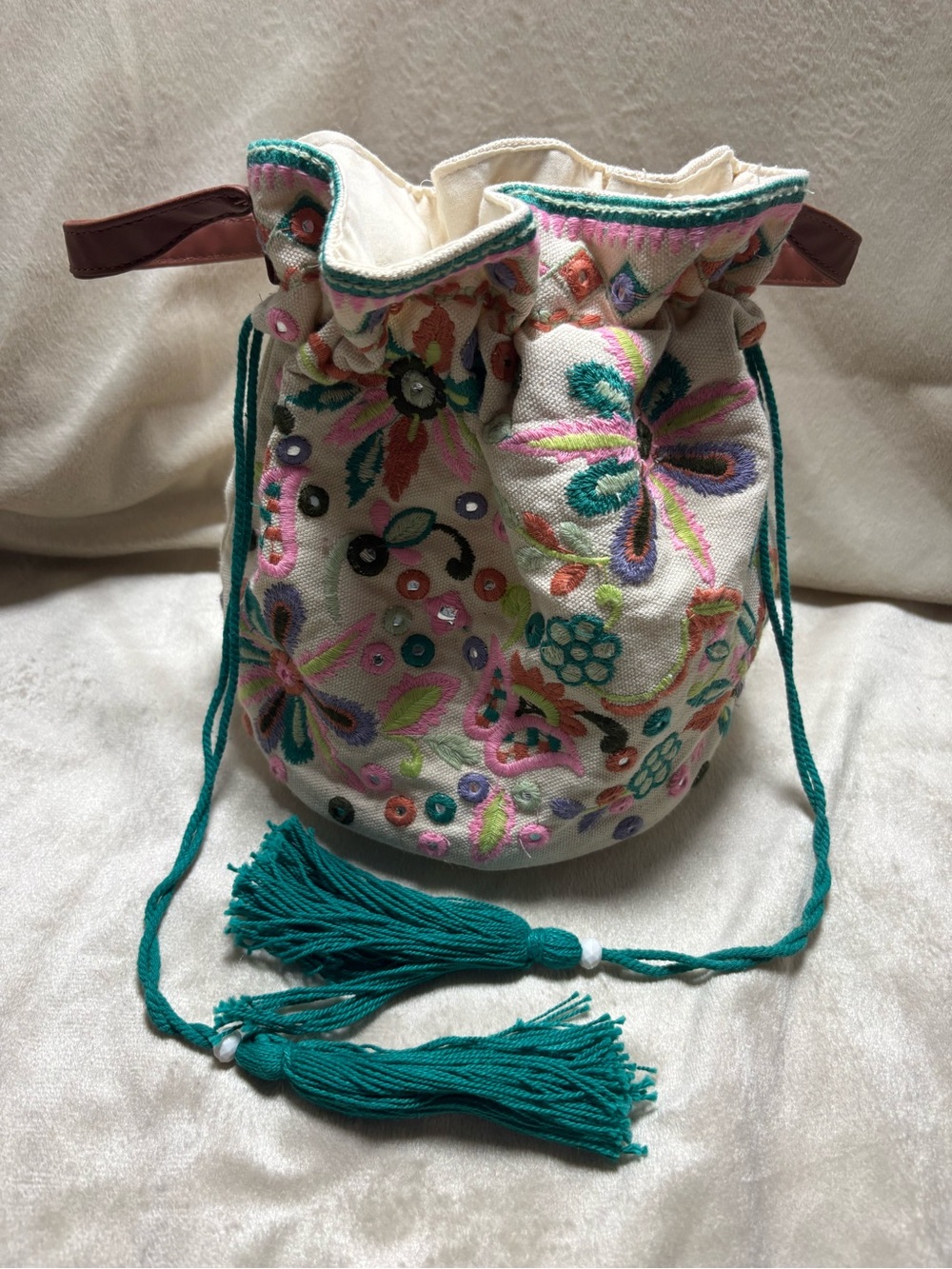 Boho Embroidered Drawstring Bucket Tote Bag | Floral Canvas Shoulder Bag